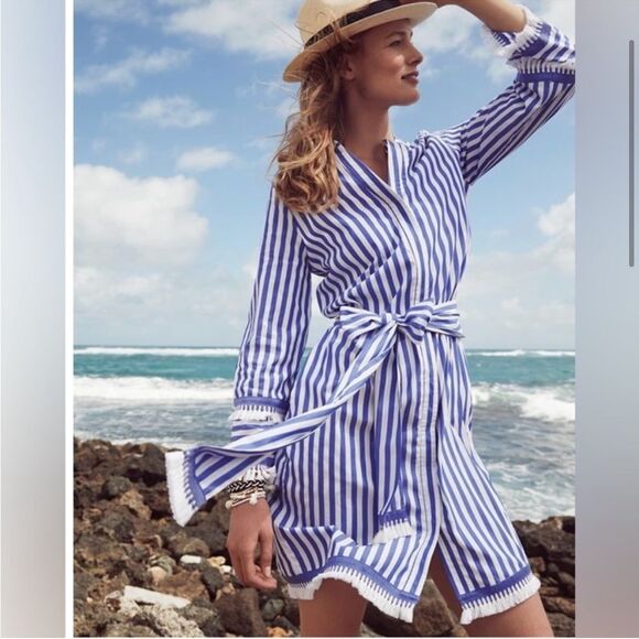 J Crew Belted Cotton Poplin Tunic Dress in Stripe Blue White 6 - Picture 3 of 12